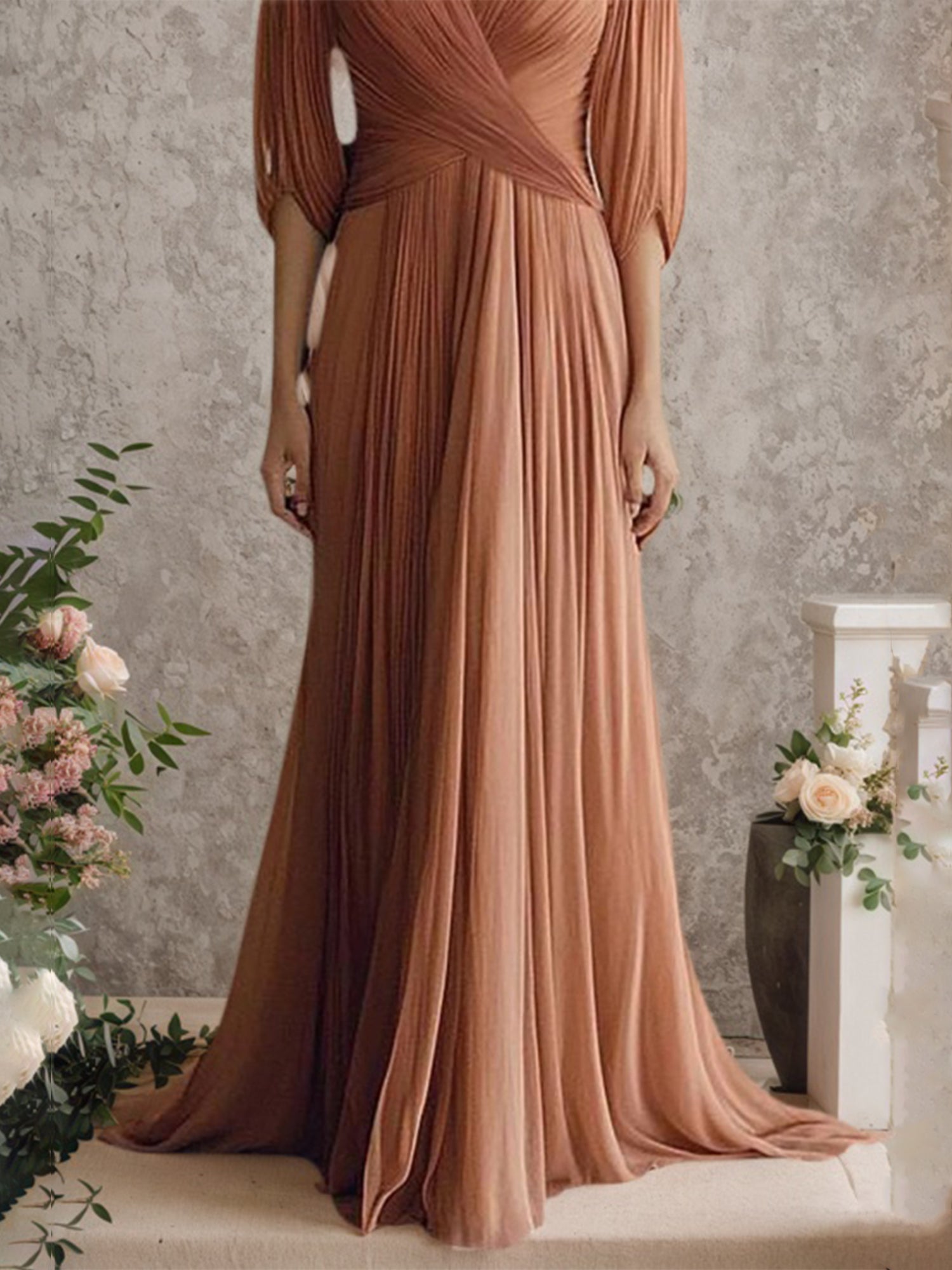 Elegant Evening Dress Cross Neck Puff Sleeve Draped Pleated Maxi Dress