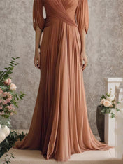 Elegant Evening Dress Cross Neck Puff Sleeve Draped Pleated Maxi Dress
