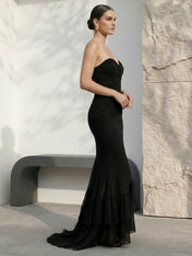 Black Sweetheart Tiered Mermaid Chiffon Evening Dress with Pleat