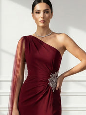 Formal Evening Dress Burgundy One Shoulder Slit Maxi Dress Gown