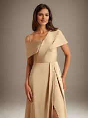 A-Line Asymmetrical Neckline Floor-Length Satin Mother of the Bride Dress With Pleated