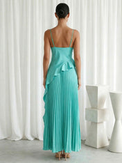 Mint Green Pleats Spaghetti Straps Maxi Dress with Ruffle