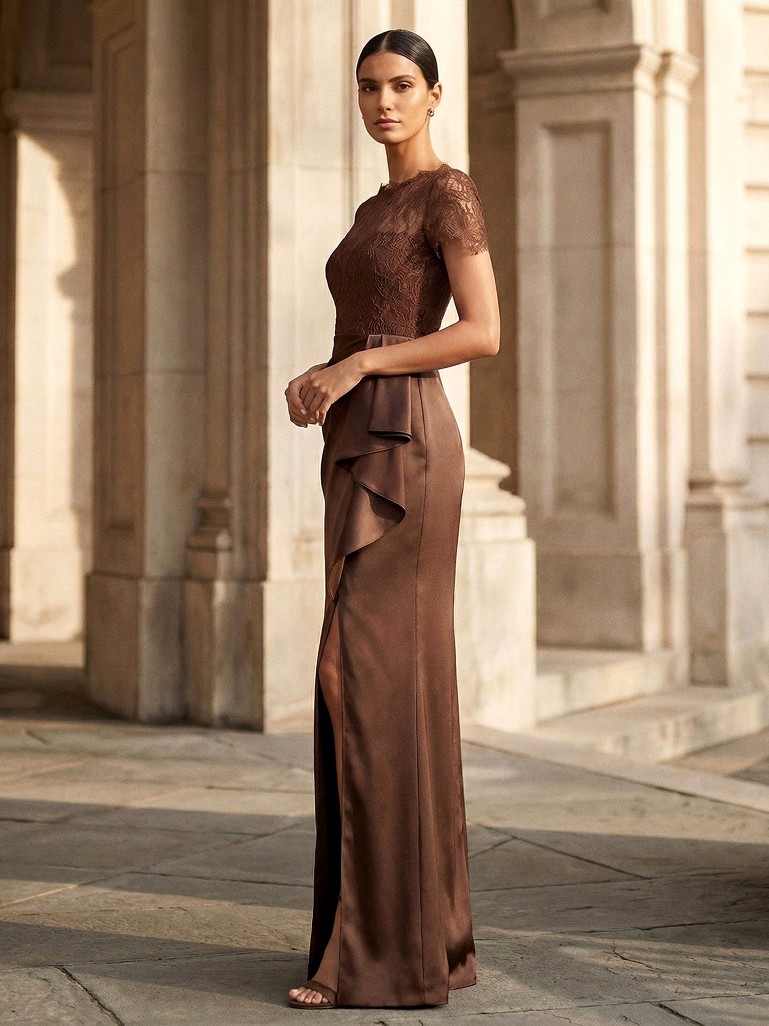 Chocolate Brown Lace Satin Maxi Dress Slit Evening Gown