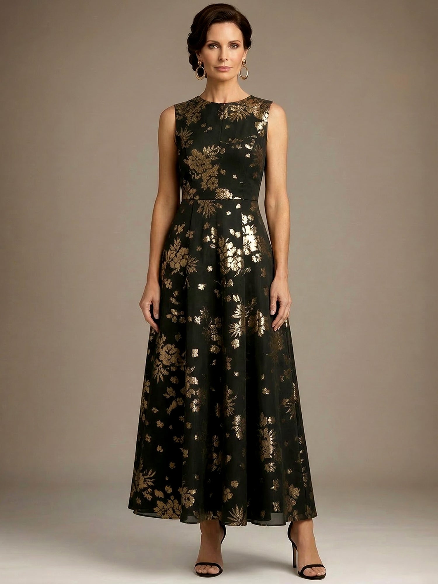 Black Stamped Bronzing Satin Crew Neck Sleeveless A-Line Maxi Dress