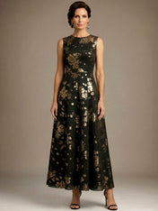Black Stamped Bronzing Satin Crew Neck Sleeveless A-Line Maxi Dress