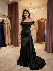 Black Satin Off-the-Shoulder Draped Long Prom Dress