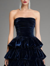 Evening Formal Dress Navy Off The Shoulder Velvet Maxi Dress With Ruffles