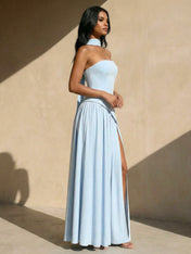 Light Blue Strapless Maxi Dresses with Scarf A Line Slit Evening Dress