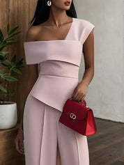 Women Pink Asymmetric Asymmetrical Short Sleeve Dressy Jumpsuit