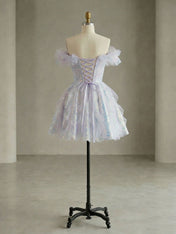 Off-the-Shoulder Lace-Up Back Iridescent Tulle Party Dress Homecoming Dress