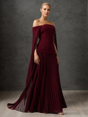 Off-Shoulder Cape Sleeve Pleated Maxi Gown Formal Evening Dress