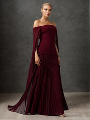 Off-Shoulder Cape Sleeve Pleated Maxi Gown Formal Evening Dress