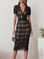 Black Mesh Plaid Classic V Neck Short Sleeve Sheath Midi Dress