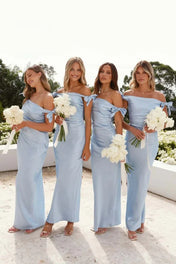 Off-Shoulder Sheath Pleated Satin Sky Blue Long Bridesmaid Dress