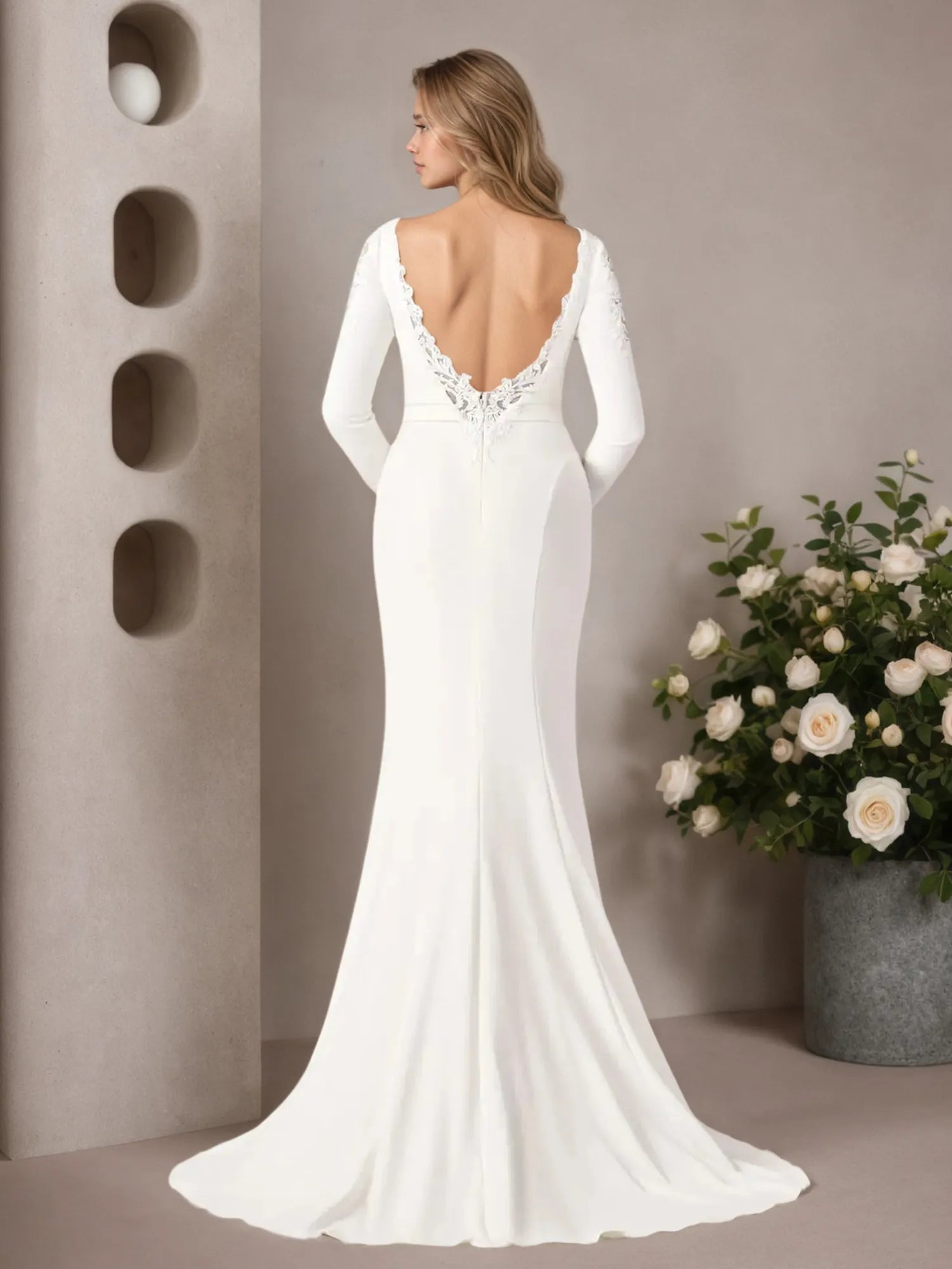 White Mermaid Scoop Sequins Stretch Crepe Wedding Dress