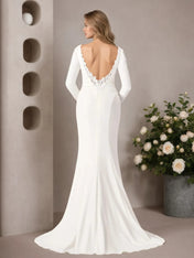 White Mermaid Scoop Sequins Stretch Crepe Wedding Dress