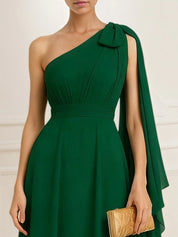 A Line One-Shoulder Chiffon Pleated Bow Maxi Evening Dress