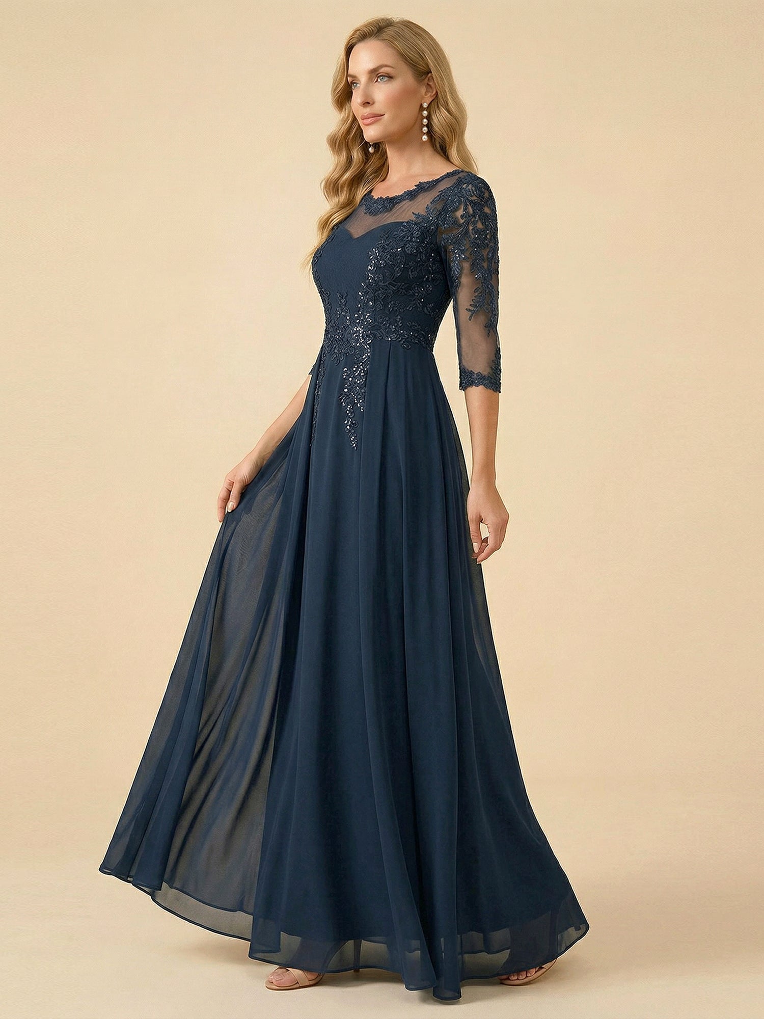 A-Line Scoop Neck 3/4 Sleeve Chiffon Mother of the Bride Gown