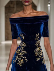 Deep Blue Applique Gathered Velvet Off The Shoulder Short Sleeve A-Line Midi Dress