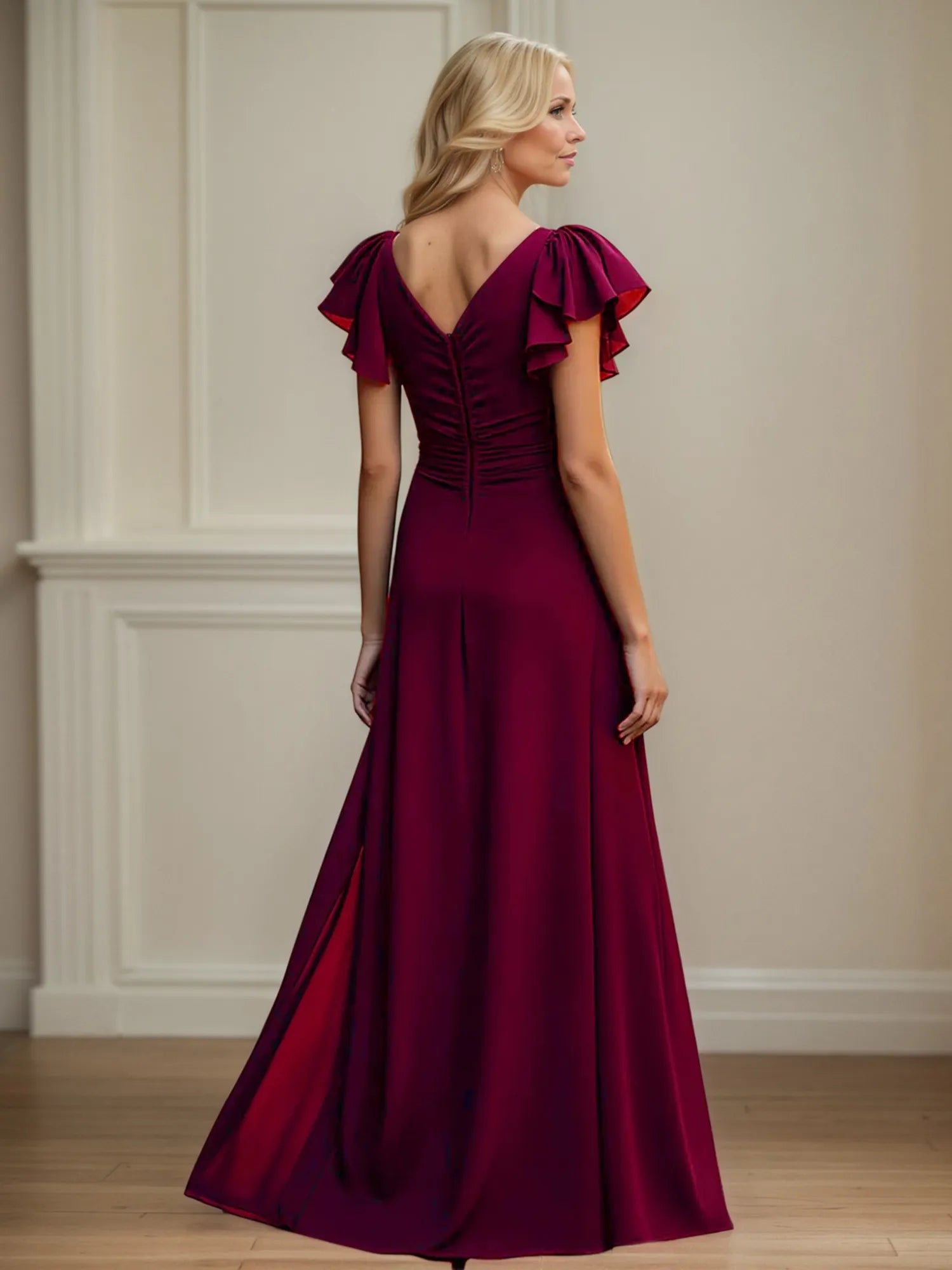 V Neck Ruched Chiffon A Line Mother of the Bride Dress