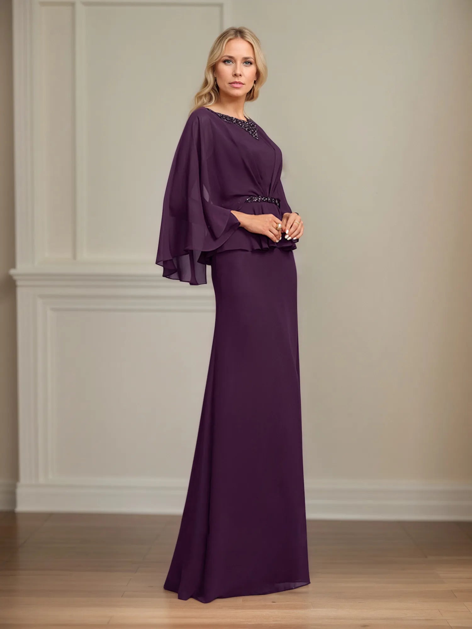 A-line Scoop Floor-Length Chiffon Mother of the Bride Dress With Pleated Sequins Beading