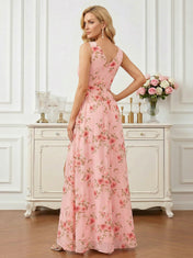 Floral Print V-Neck Sleeveless A-Line Mother of the Bride Dress with Slit