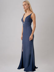 Sheath/Column Stretch Crepe V Neck Sleeveless Floor Length Dress
