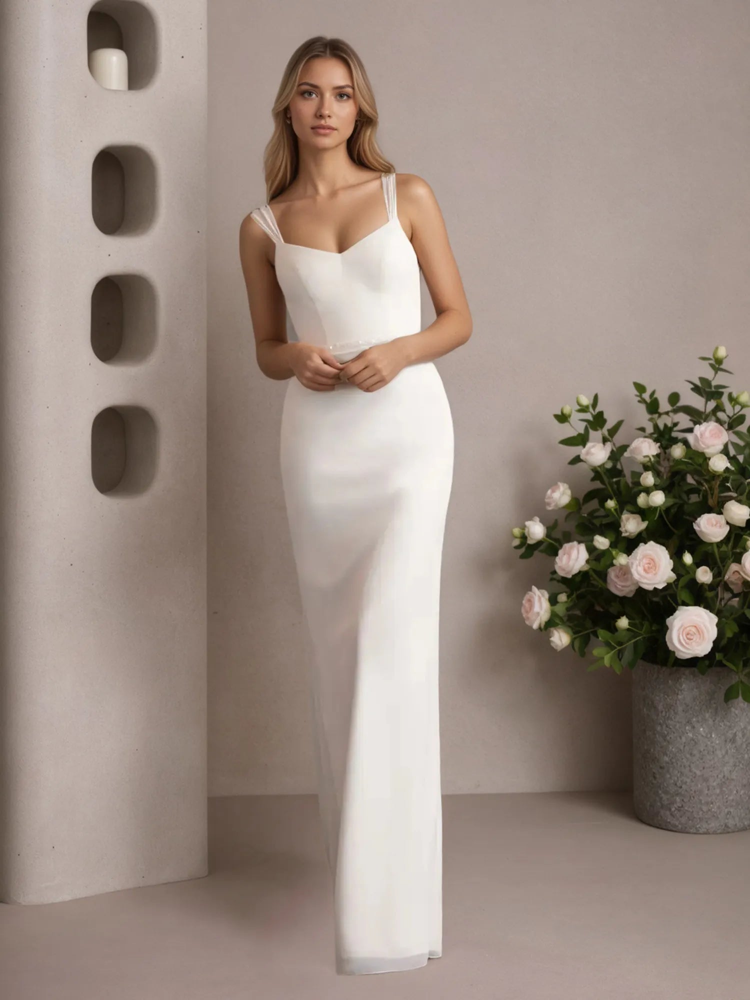 White Sheath V-Neck Chiffon Wedding Dress