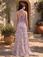 Elegant Halter Cowl Neck Floral Embroidered A-Line Evening Dress with High Slit