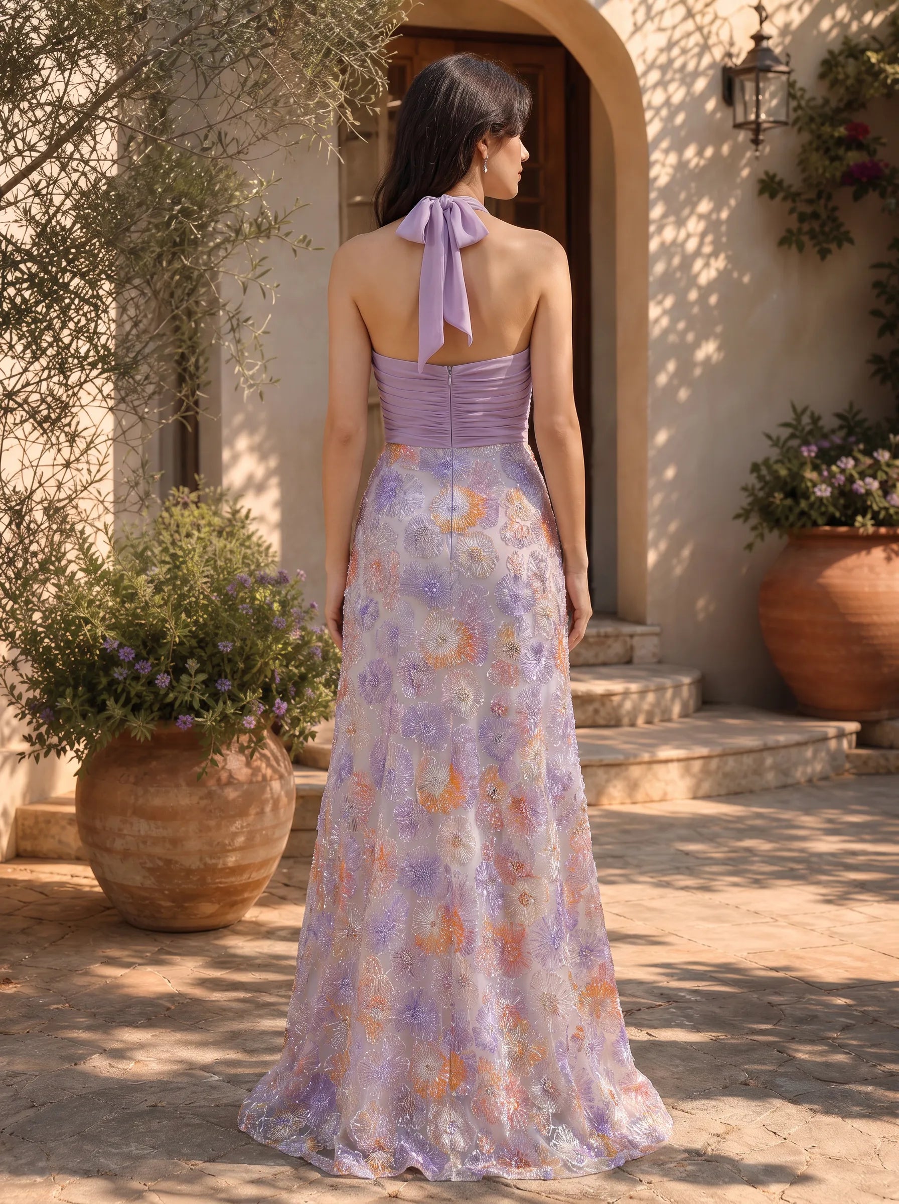 Elegant Halter Cowl Neck Floral Embroidered A-Line Evening Dress with High Slit