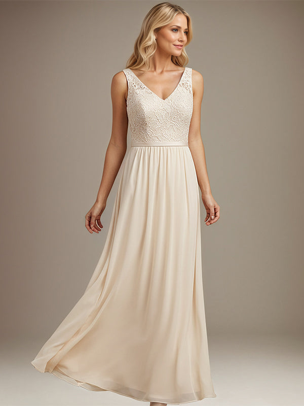 Dusty Blue A-line V Neck Floor-Length Lace Chiffon Mother of the Bride Dress