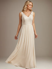 Dusty Blue A-line V Neck Floor-Length Lace Chiffon Mother of the Bride Dress