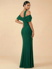 Emerald Green Cold Shoulder Slit Evening Gown with Ruched