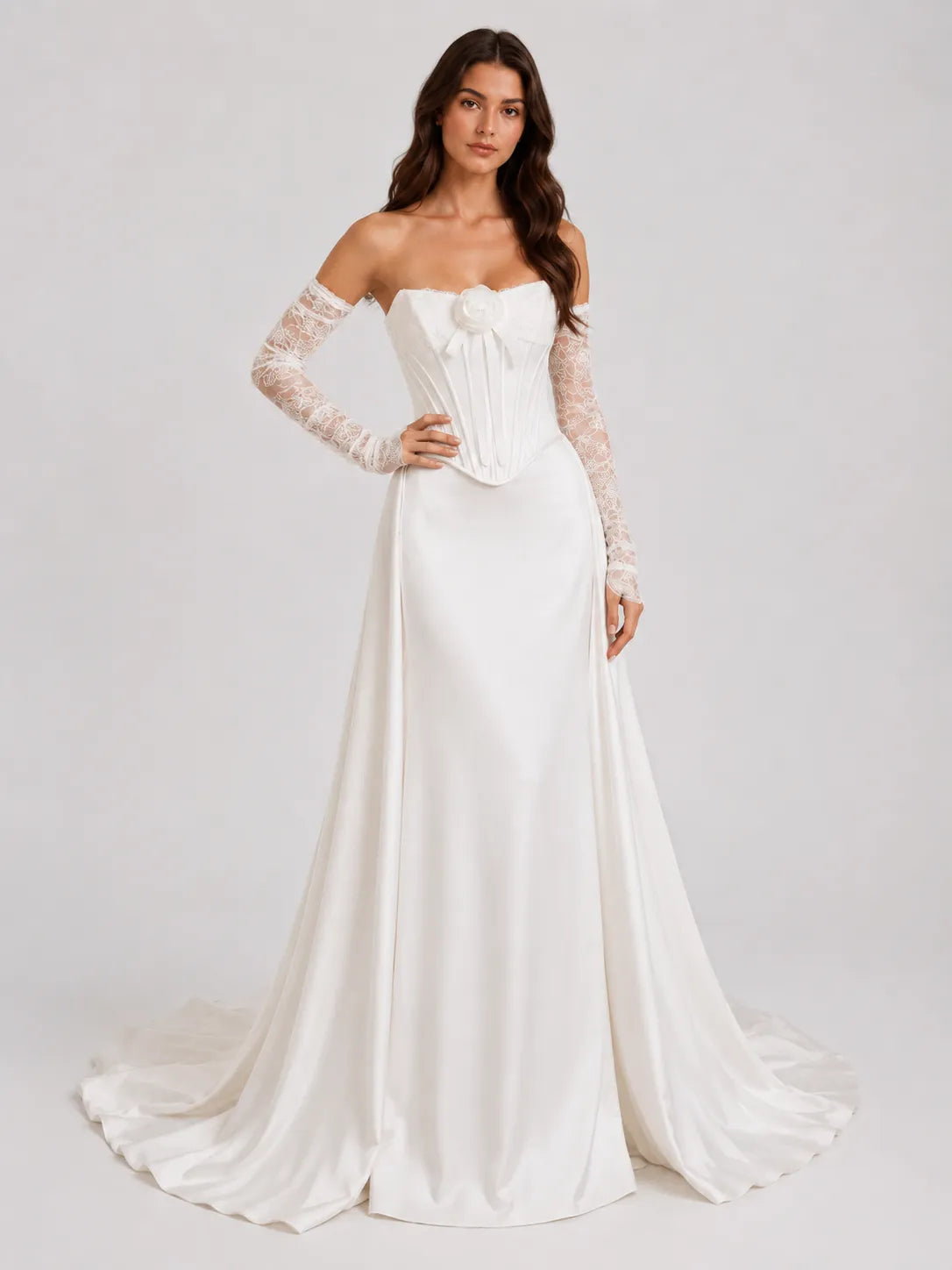 Strapless Corset Satin A-Line Wedding Dress with 3D Flower and Lace Sleeves