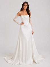 Strapless Corset Satin A-Line Wedding Dress with 3D Flower and Lace Sleeves