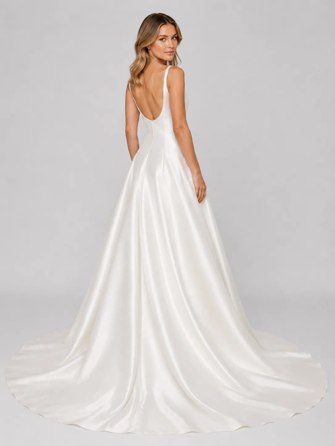 Elegant Square Neck Satin A-Line Wedding Dress with Low Scoop Back and Chapel Train