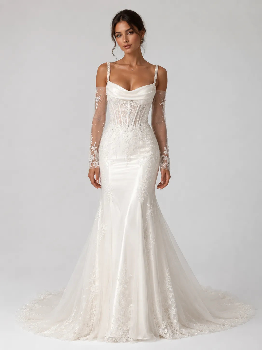 Elegant Pearl Strap Mermaid Wedding Dress with Draped Neckline, Lace Sleeves and Chapel Train
