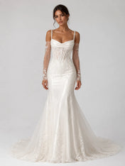 Elegant Pearl Strap Mermaid Wedding Dress with Draped Neckline, Lace Sleeves and Chapel Train