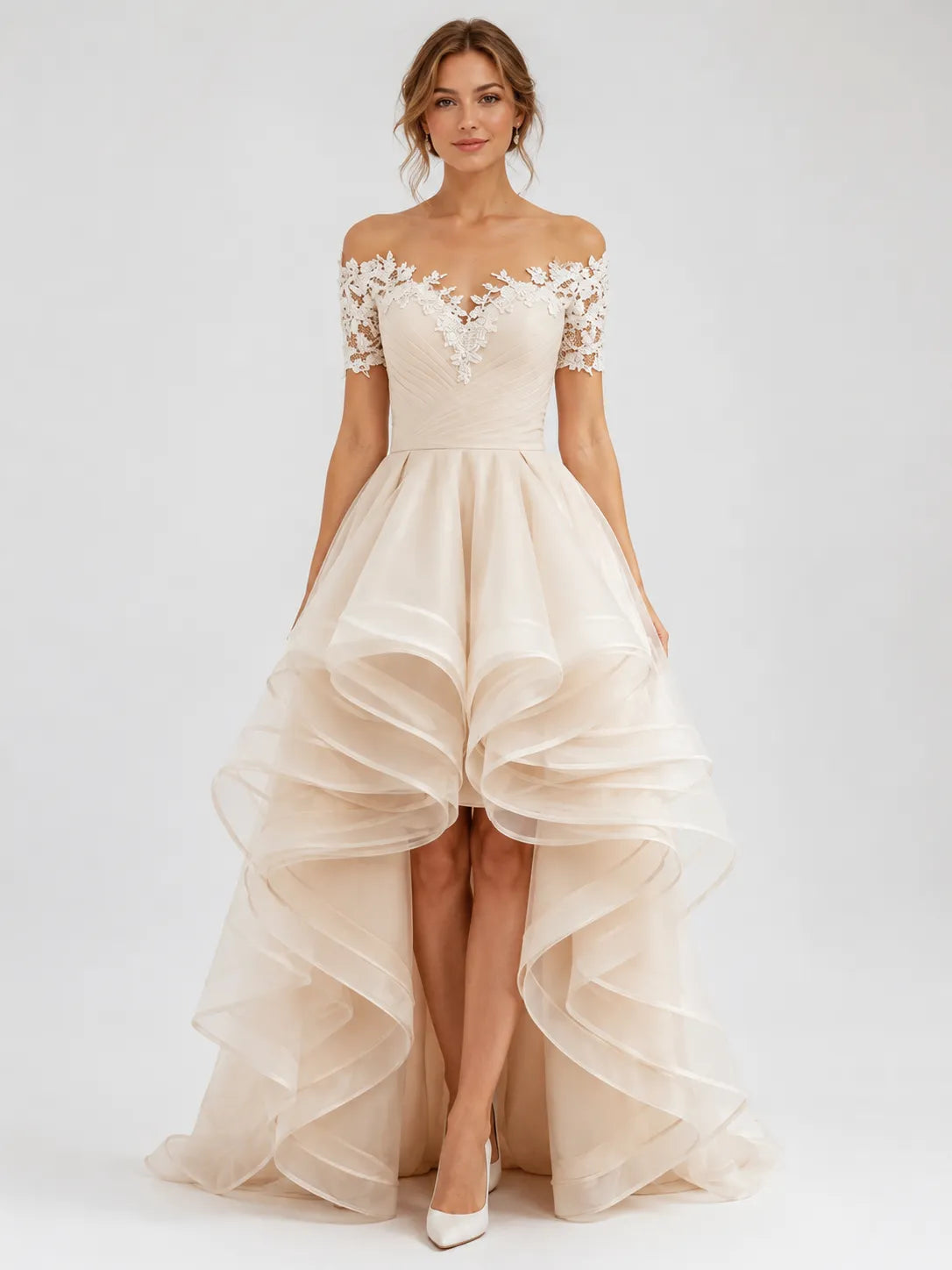 Elegant Off-the-Shoulder Lace High-Low A-Line Wedding Dress with Layered Organza Ruffles