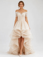 Elegant Off-the-Shoulder Lace High-Low A-Line Wedding Dress with Layered Organza Ruffles