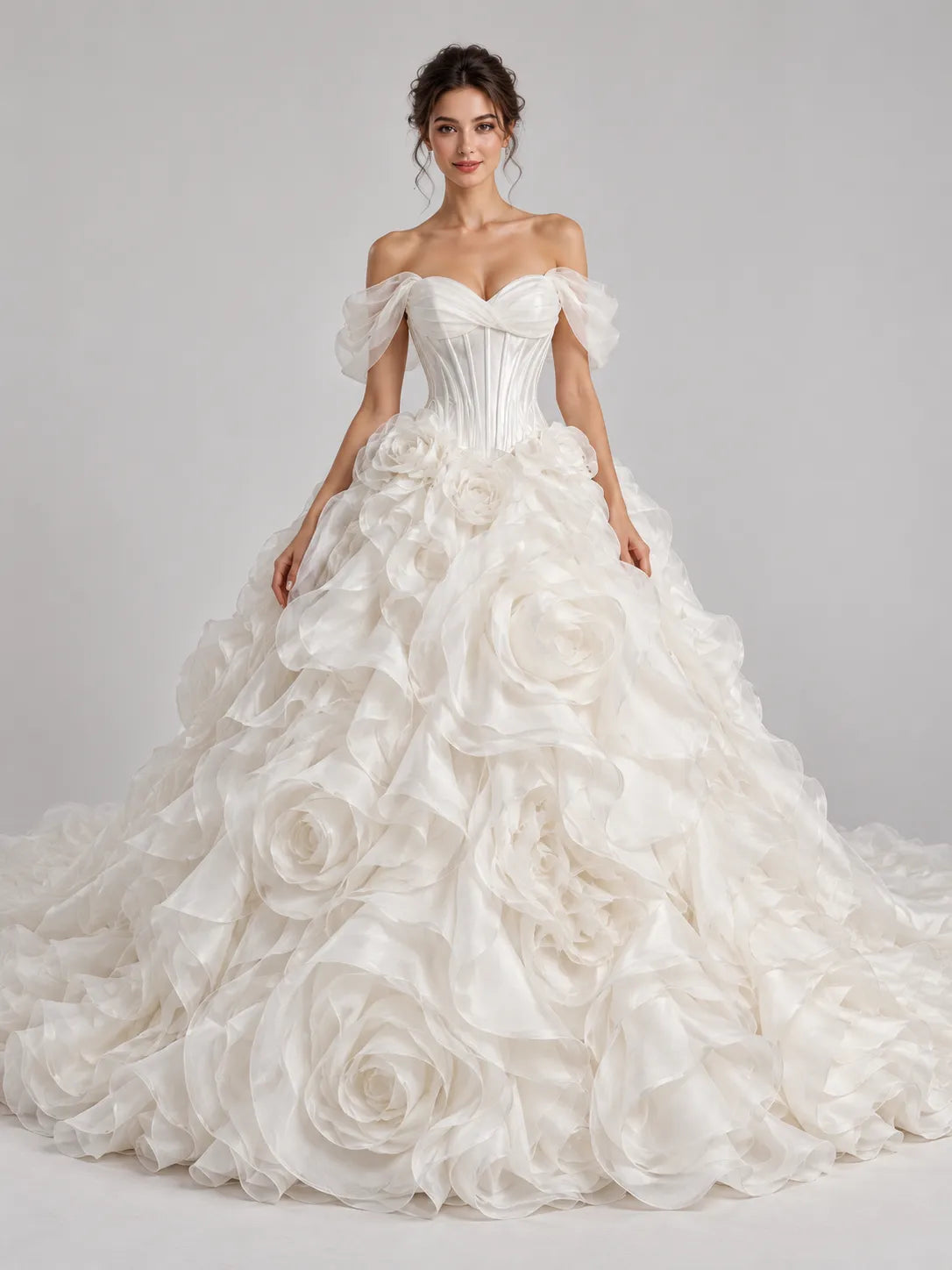 Off-The-Shoulder Sweetheart Ruffled Rose Applique Ball Gown Wedding Dress