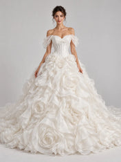 Off-The-Shoulder Sweetheart Ruffled Rose Applique Ball Gown Wedding Dress
