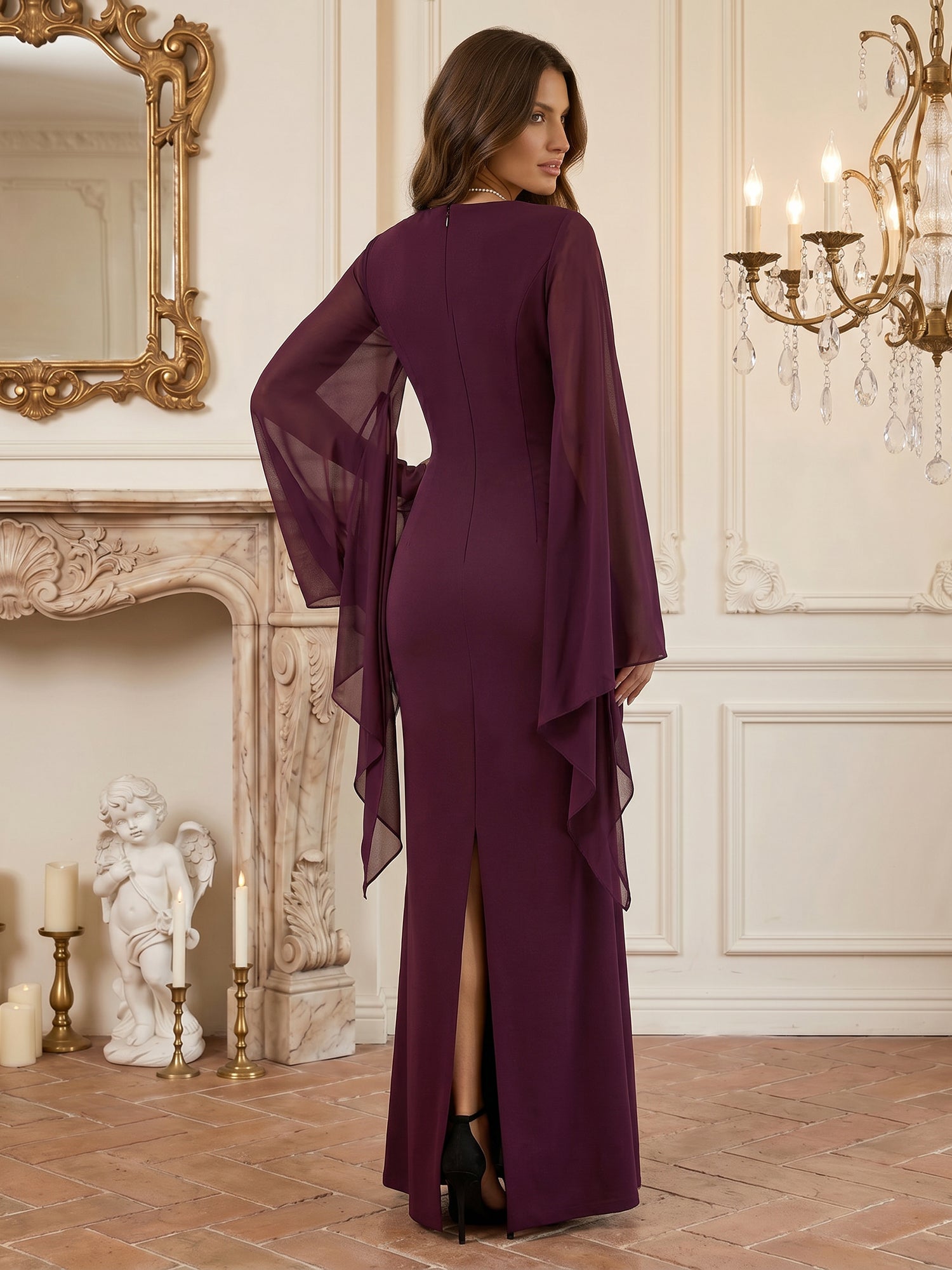 Ruched Evening Gown with Long Chiffon  Sleeves