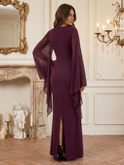Ruched Evening Gown with Long Chiffon  Sleeves