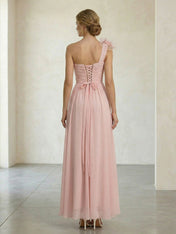 Blush Pink One-Shoulder Ruched 3D Floral Gown Dress