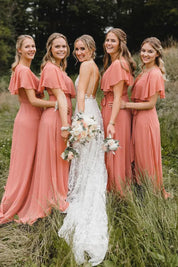 Simple A-Line Coral Chiffon Long Bridesmaid Dresses