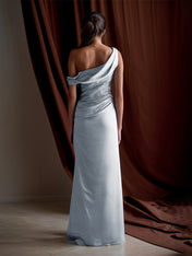 Formal Party Satin Dress Blue One-Shoulder Pleated Asymmetrical neckline Floor Lenght Dress