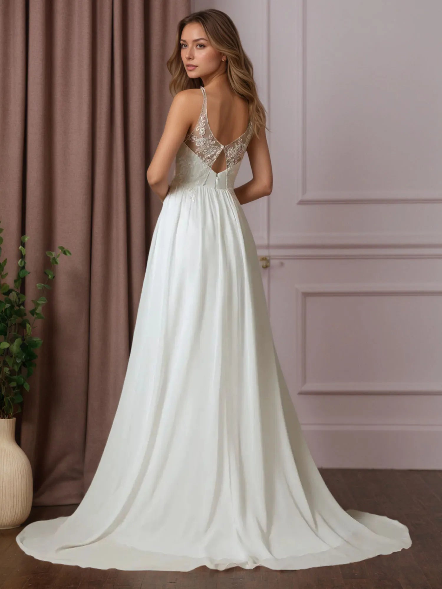 White A-Line Sequins Chiffon Wedding Dress