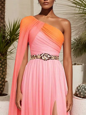 Pink Side-Slit One Shoulder Sleeveless A-Line Gown Chiffon Dress