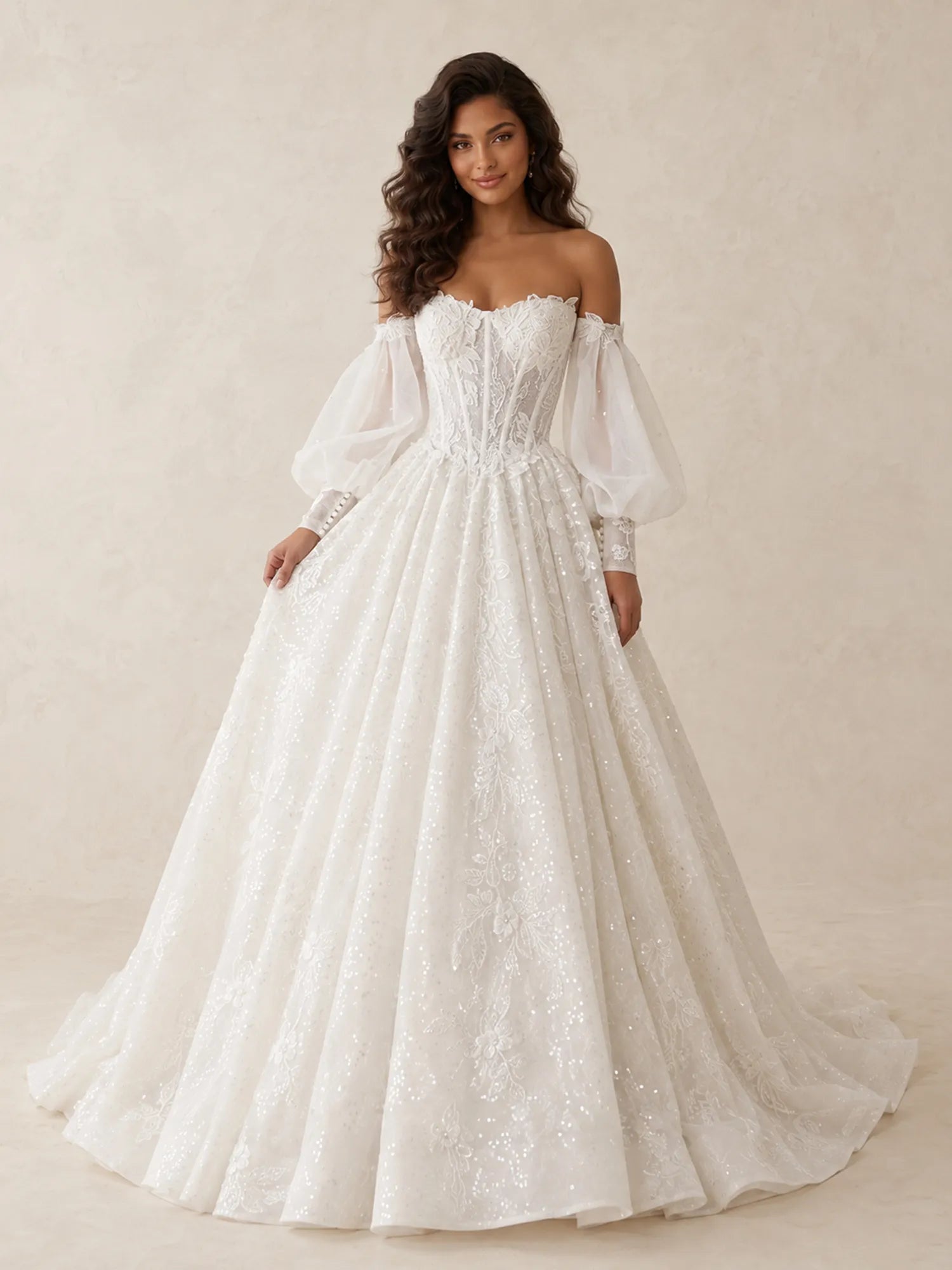 Elegant Off-The-Shoulder Long-Sleeve Lace Ball Gown Wedding Dress with Chapel Train